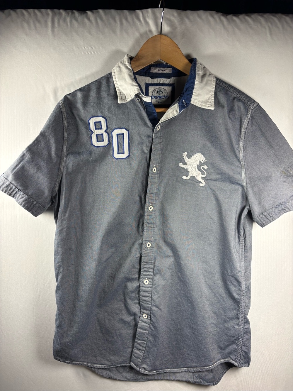Express Men's Blue Chambray & Grey Button Up Y2K Polo Fitted Size Medium